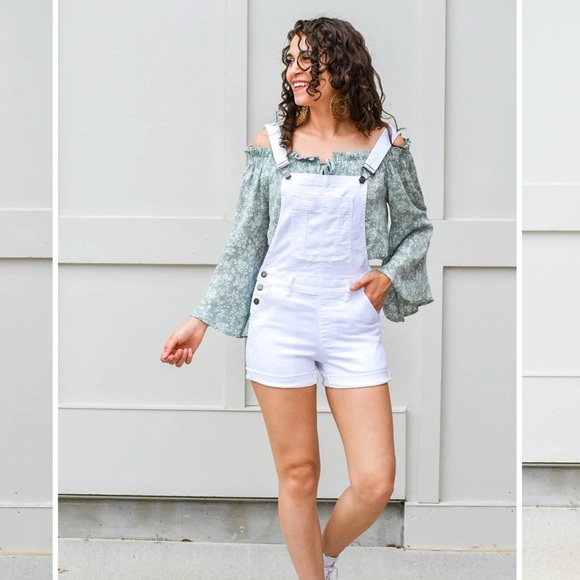 KanCan White Women's Denim Overall Shorts with No Back and Adjustable Straps - Picture 1 of 14